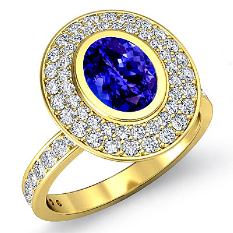 2 Row Halo Pave Bezel Set Oval diamond engagement Ring in 18k Gold Yellow