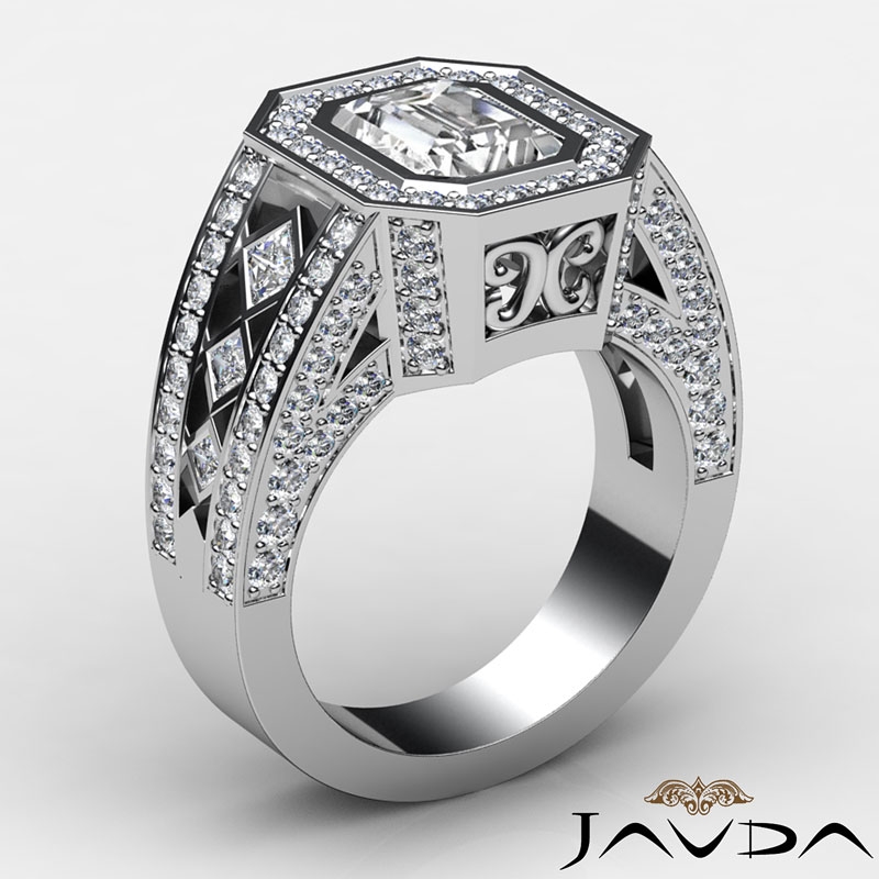 Vintage Style Bezel Halo Pave Emerald Diamond Engagement Ring 14k White ...