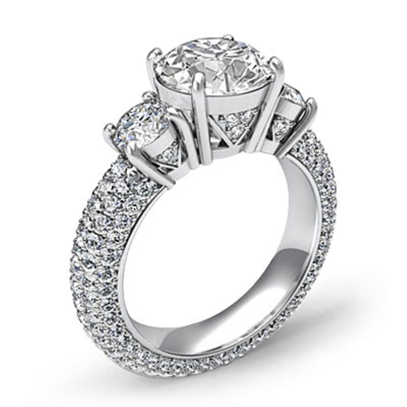 Micro Pave Set Three Stone Round Diamond Engagement Ring 14k White Gold ...