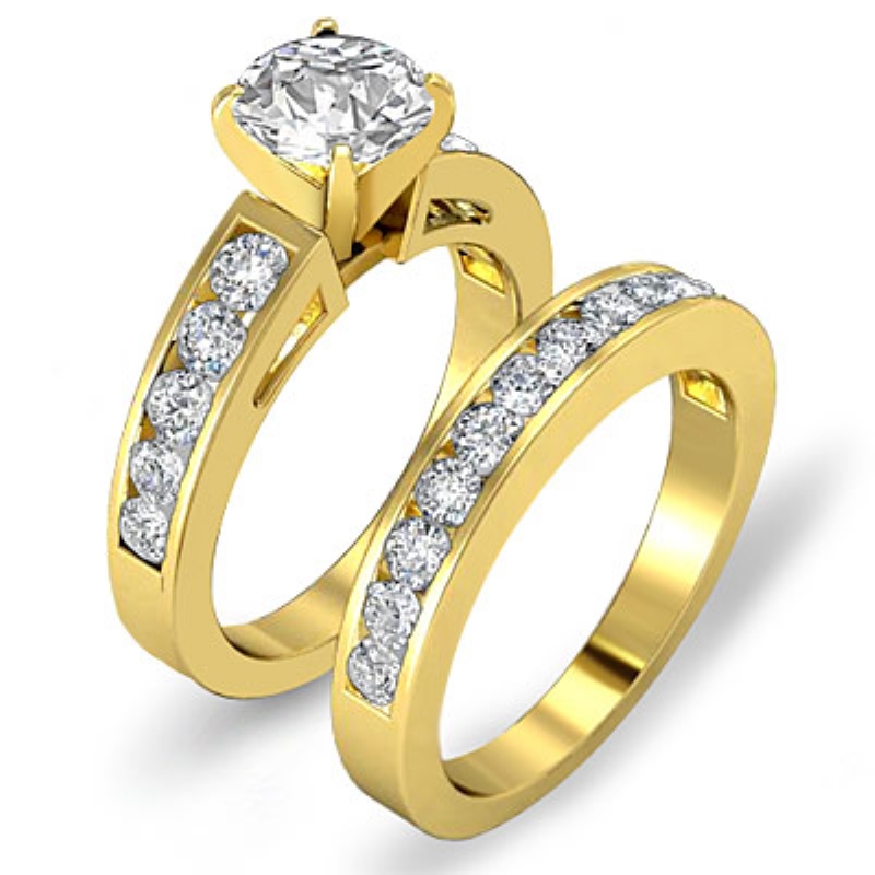 Bridal Set Channel Shank diamond Ring 14k Gold Yellow